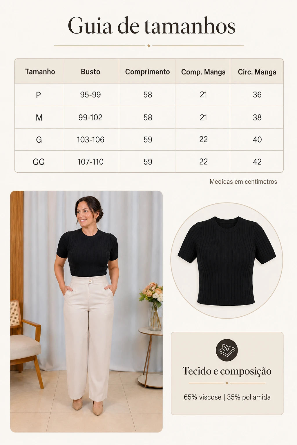 Blusa Manga Curta em Modal Canelado com Meia Gola Talita Preta