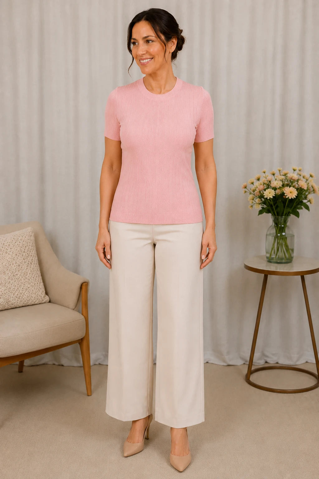 Blusa Manga Curta em Modal Canelado com Meia Gola Talita Rosa