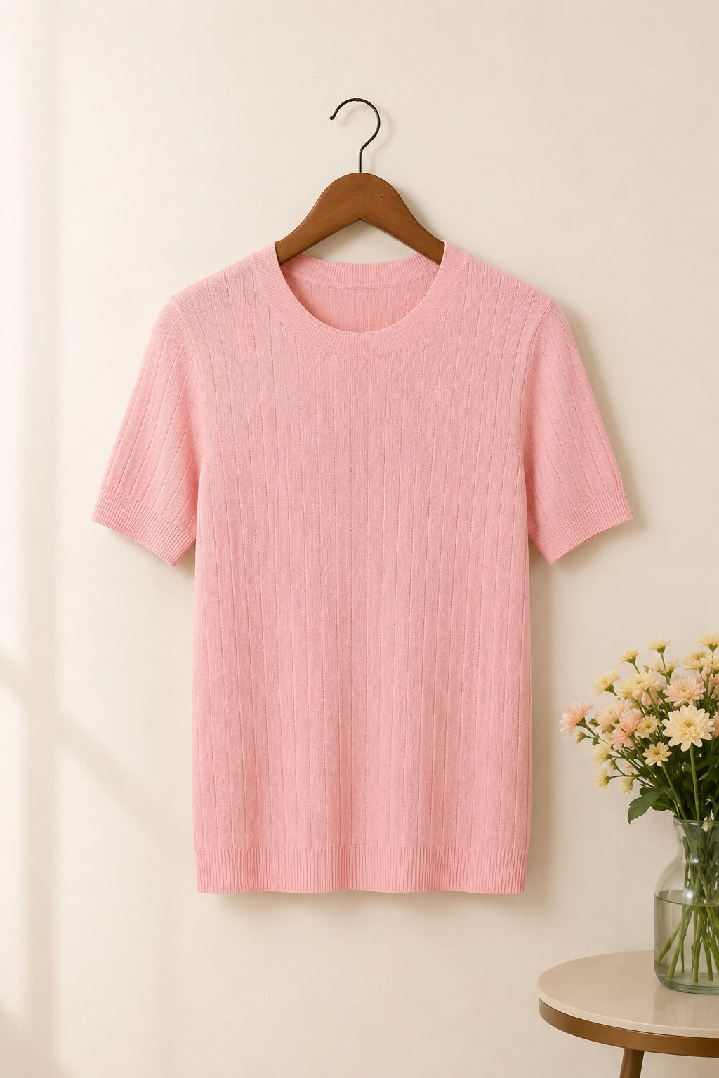 Blusa Manga Curta em Modal Canelado com Meia Gola Talita Rosa