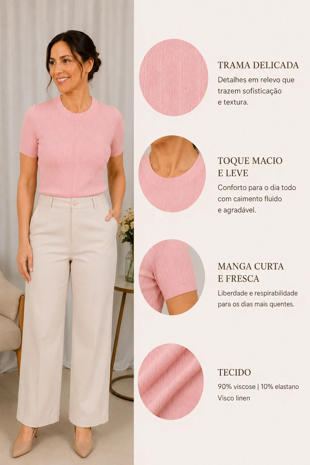 Blusa Manga Curta em Modal Canelado com Meia Gola Talita Rosa