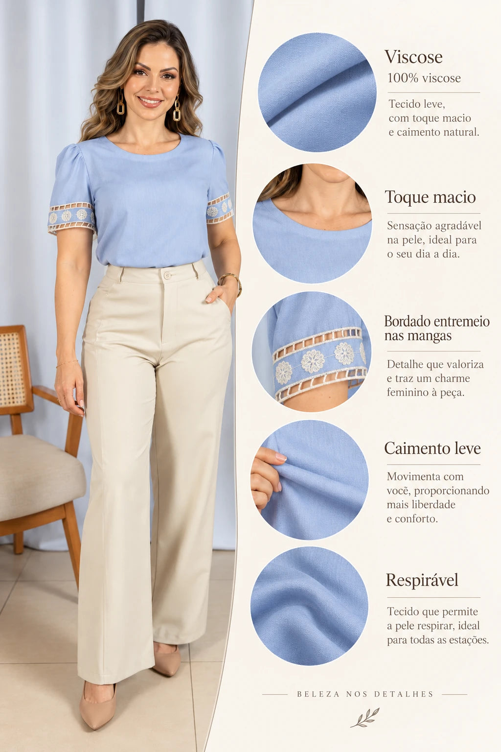 Blusa Manga Curta Em Viscose Bordado Entremeio Tamara Azul Claro