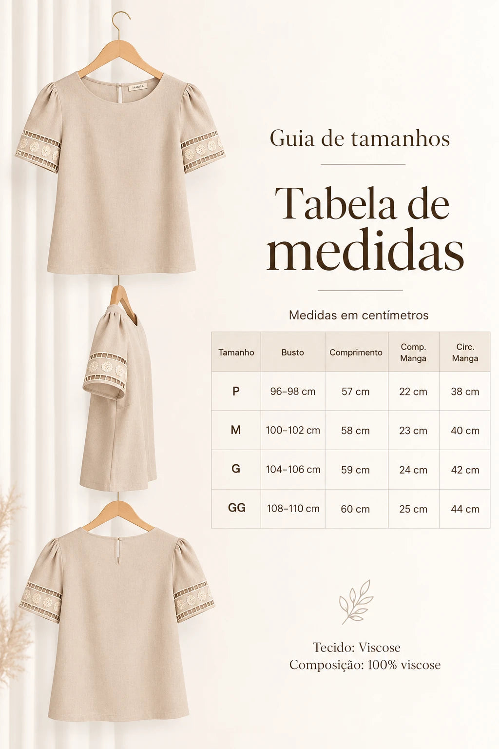 Blusa Manga Curta Em Viscose Bordado Entremeio Tamara Bege