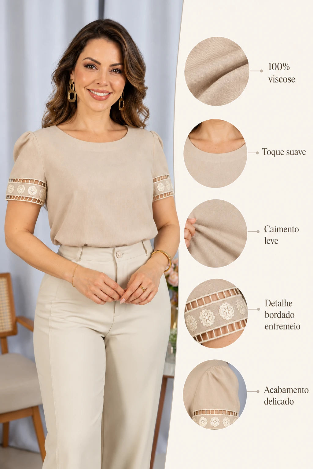 Blusa Manga Curta Em Viscose Bordado Entremeio Tamara Bege