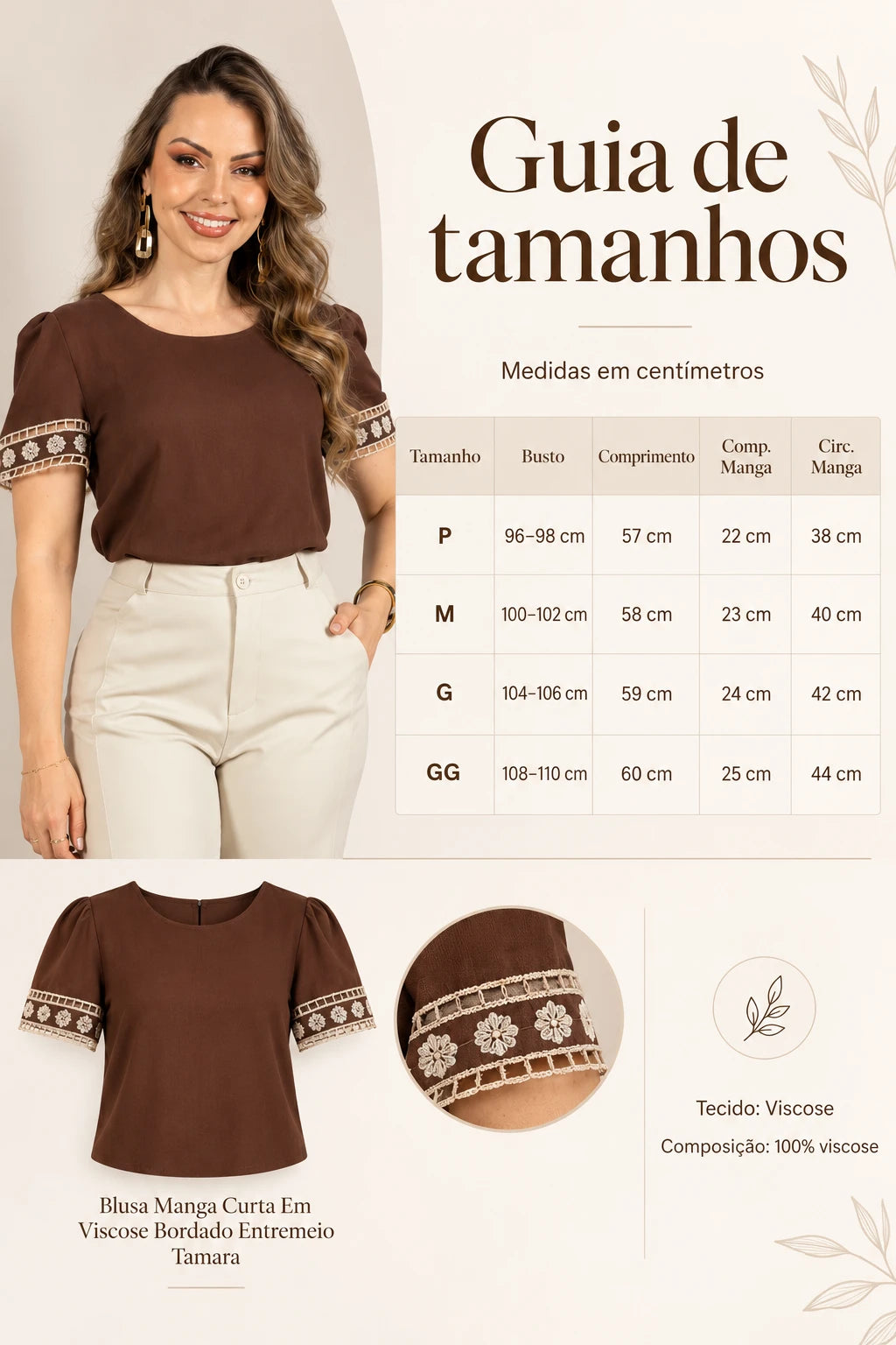 Blusa Manga Curta Em Viscose Bordado Entremeio Tamara Marrom