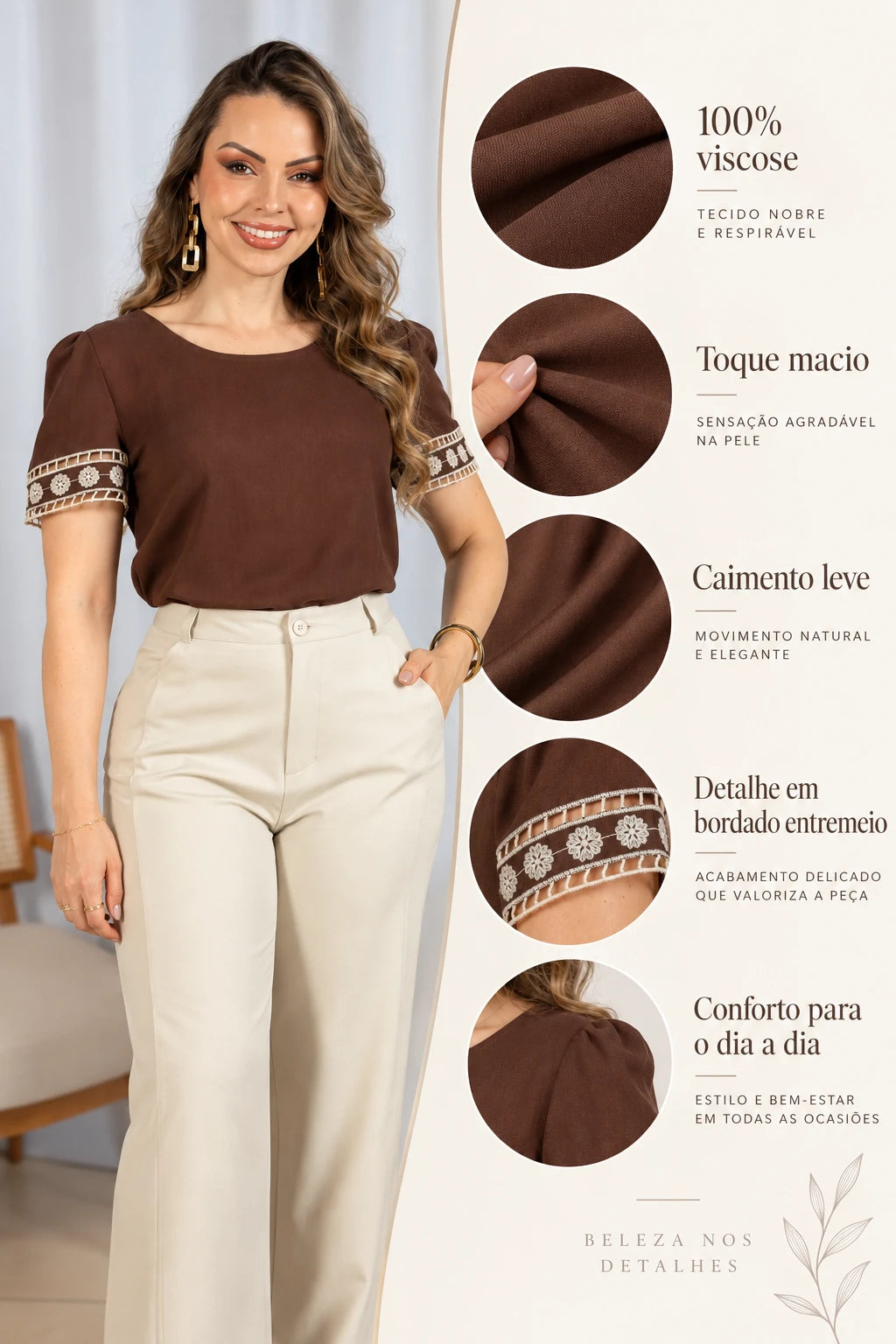 Blusa Manga Curta Em Viscose Bordado Entremeio Tamara Marrom