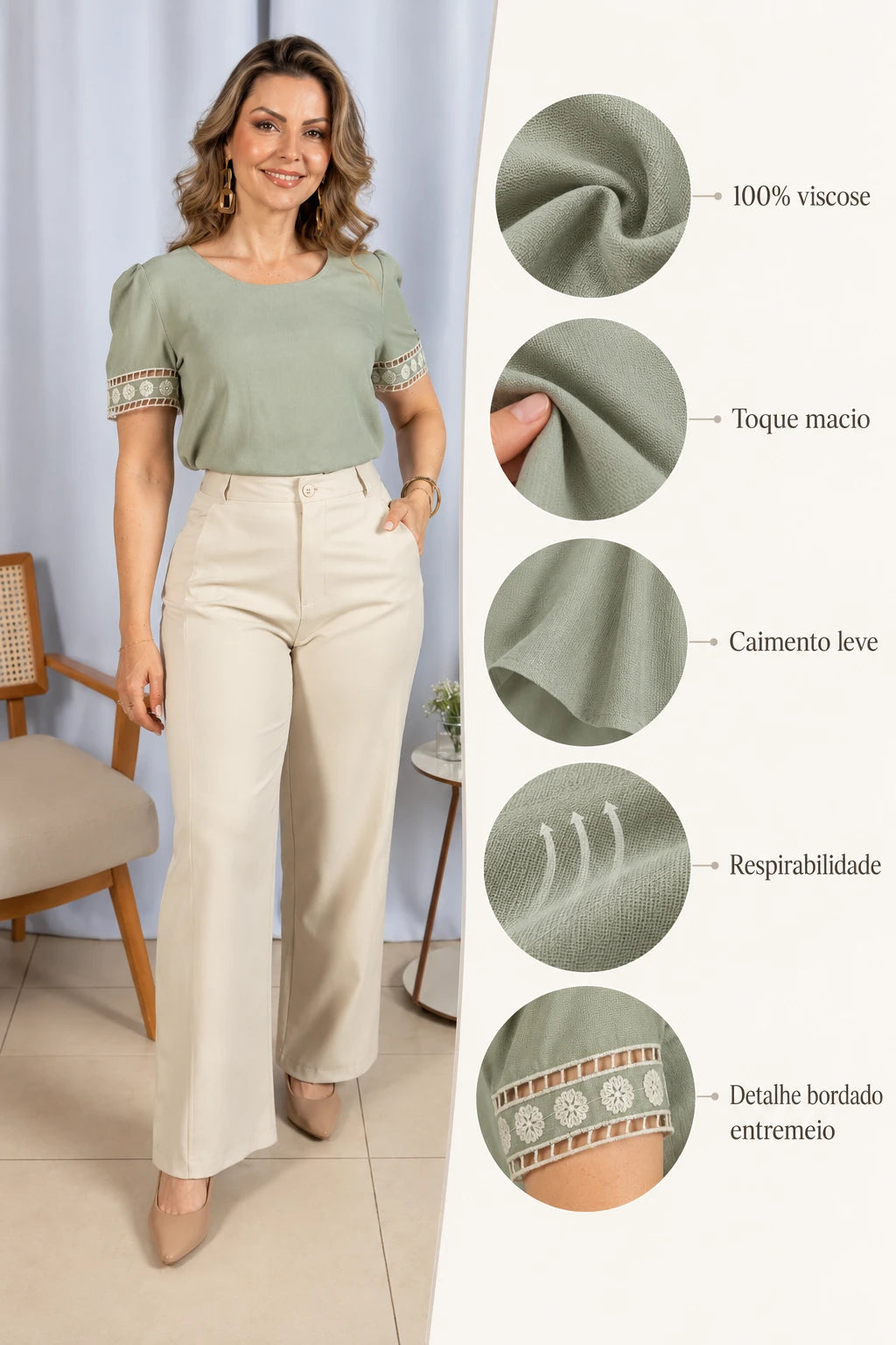 Blusa Manga Curta Em Viscose Bordado Entremeio Tamara Verde