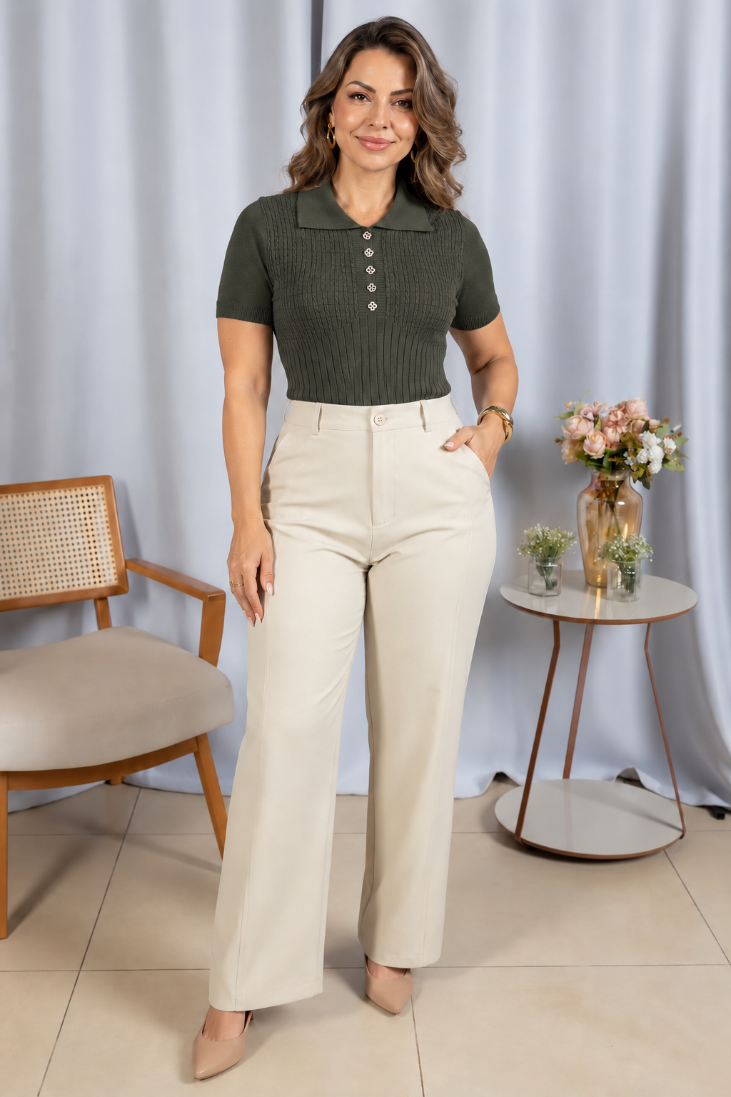 Blusa em Modal Gola Camisa com Aplicação de Strass Tamires Verde