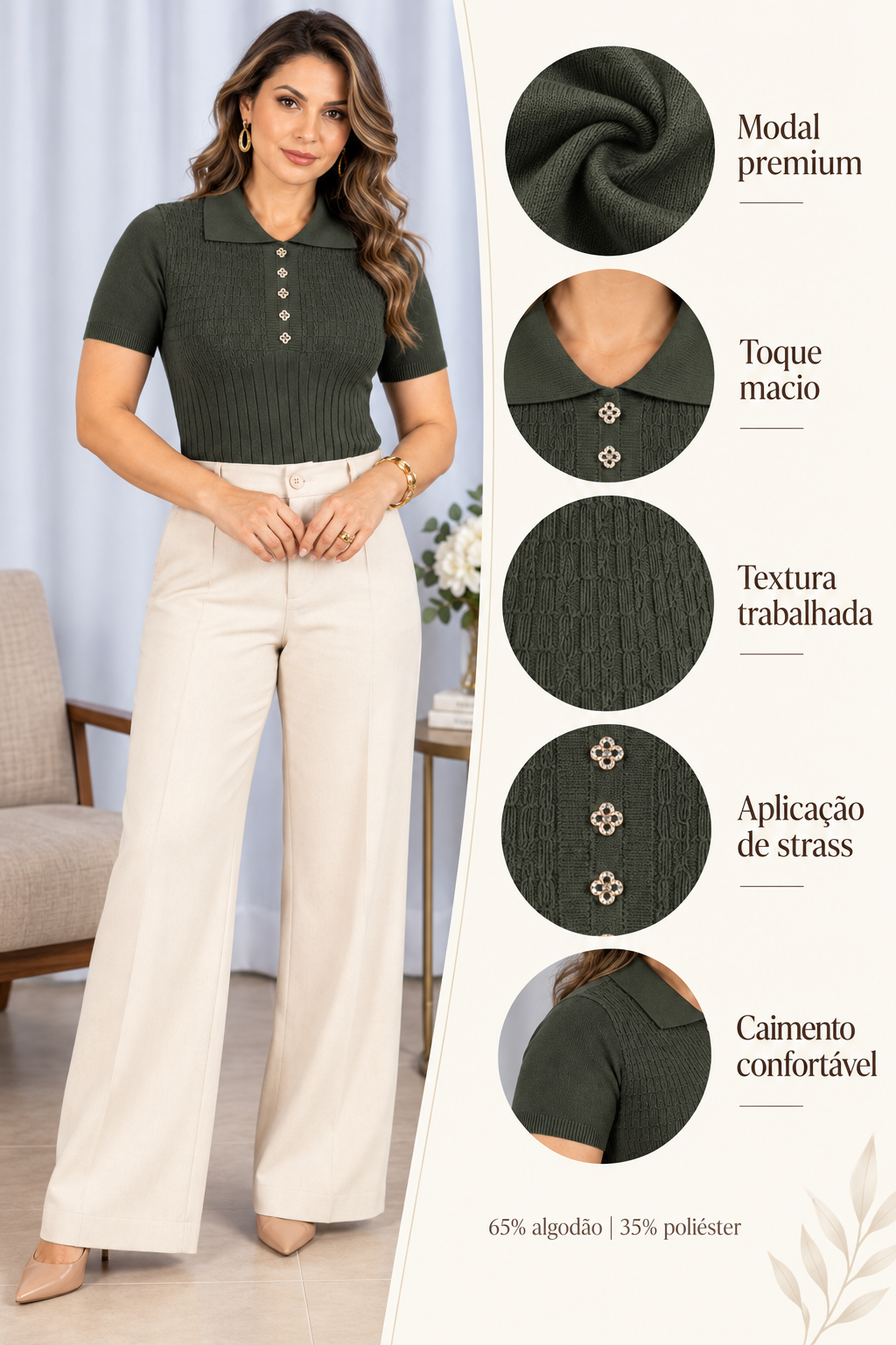 Blusa em Modal Gola Camisa com Aplicação de Strass Tamires Verde