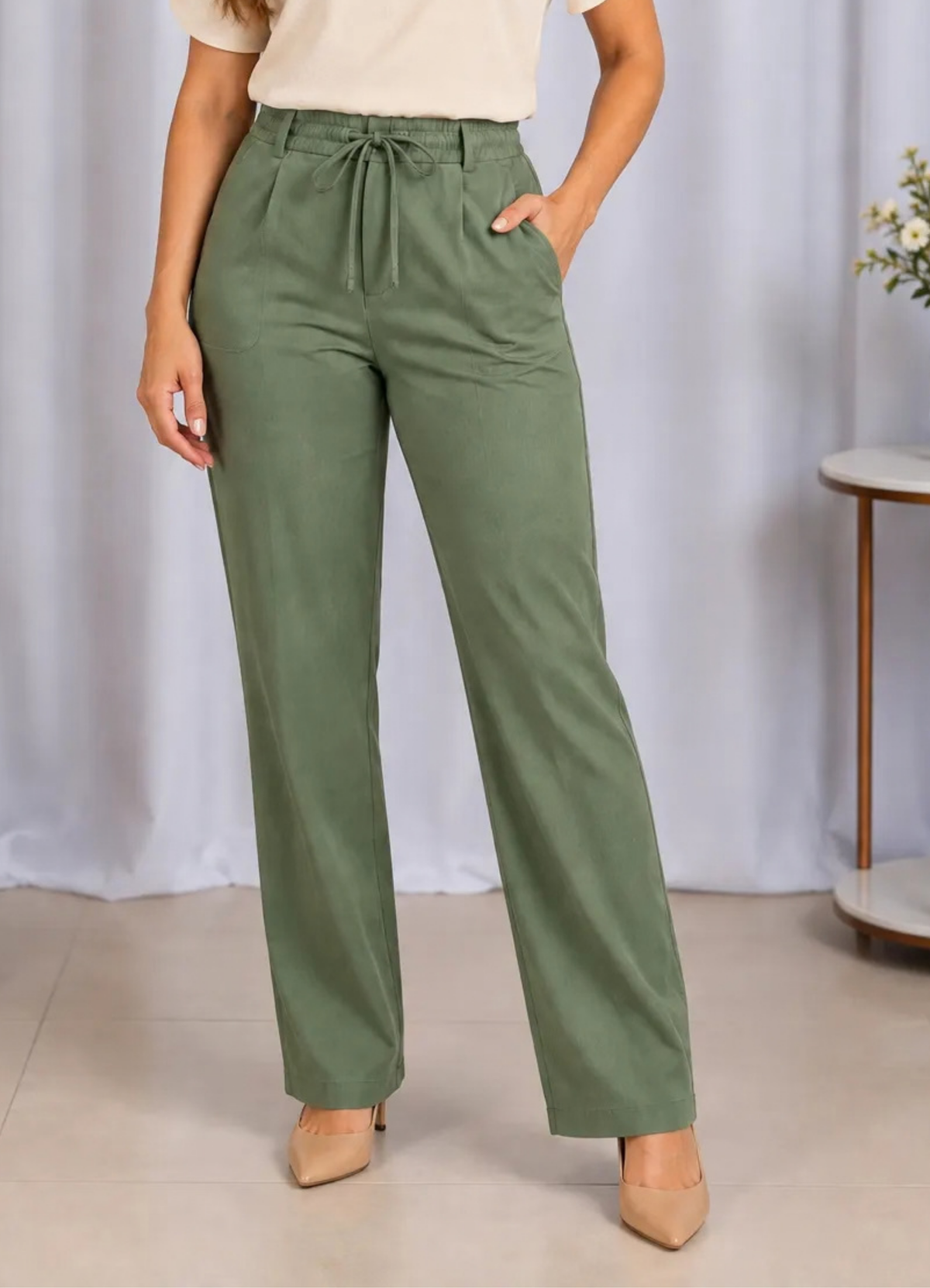 Calça Corte Reto em Chambray com Cós de Amarração Anita Verde