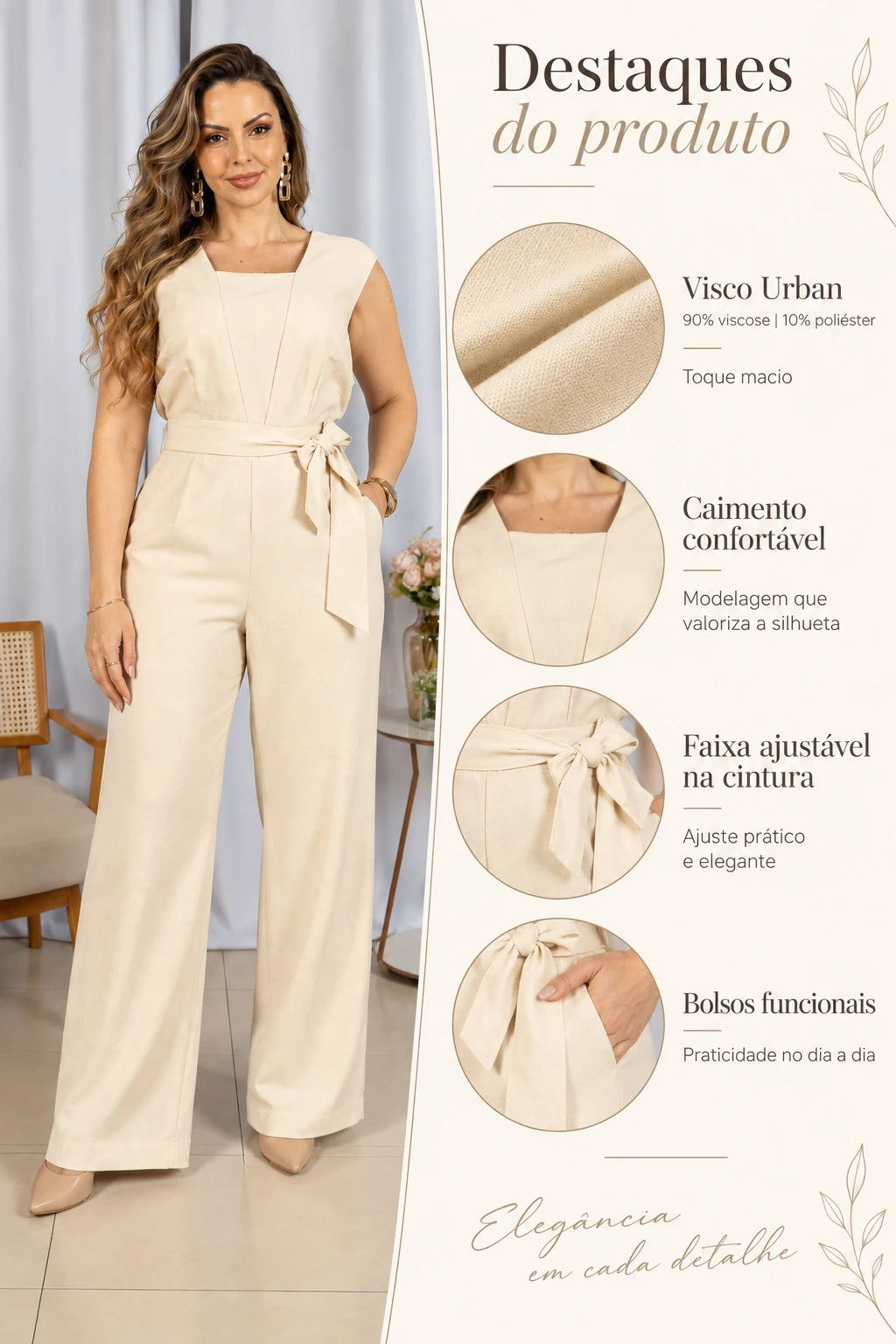 Macacão Confortável em Visco Urban Verônica Creme